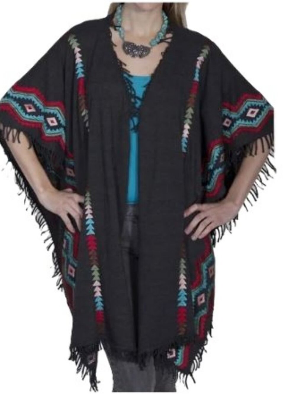 Scully S M L XL Embroidered Southwest Poncho Shawl Sweater Gray Turquoise Red
